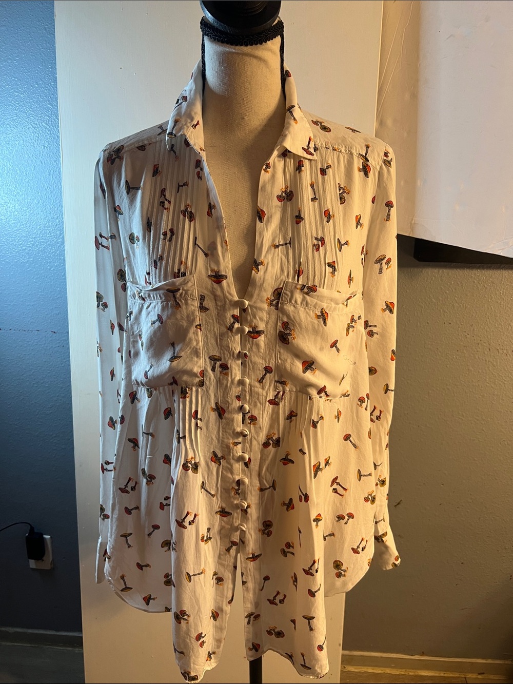 Maeve Cream Button-Front Blouse with Mushroom Motif